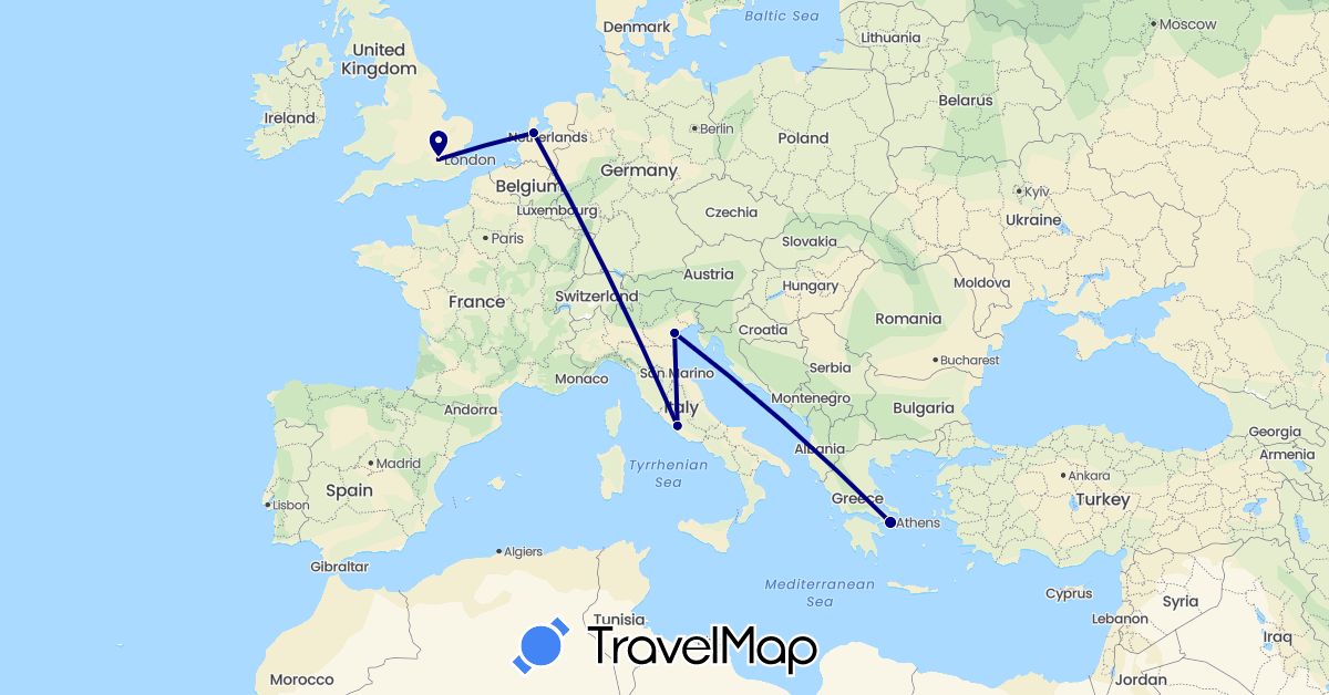 TravelMap itinerary: driving in United Kingdom, Greece, Italy, Netherlands (Europe)